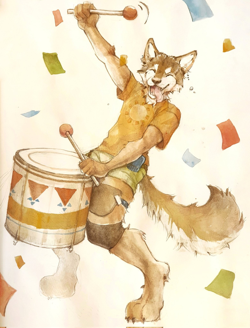 akatan_art anthro barefoot brown_body brown_clothing brown_fur brown_shirt brown_topwear canid canine canis cheek_tuft clothed clothing drum drumming_stick eyes_closed facial_tuft feet fluffy fluffy_tail full-length_portrait fur green_clothing green_shirt green_topwear happy hi_res male mammal musical_instrument neck_tuft open_mouth open_smile orange_clothing orange_shirt orange_t-shirt orange_topwear percussion_instrument percussion_mallet pink_tongue playing_music portrait shirt simple_background smile solo standing t-shirt tongue tongue_out topwear tuft unsigned white_body white_fur wolf