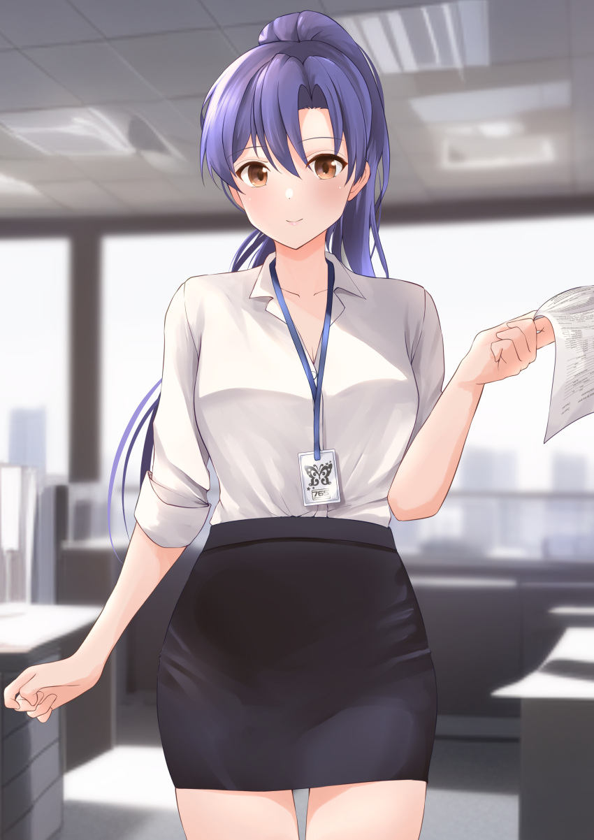 1girl absurdres alternate_costume alternate_hairstyle b1ack_illust black_skirt blue_hair blush breasts cowboy_shot dark_blue_hair highres holding holding_paper idolmaster idolmaster_(classic) idolmaster_million_live! kisaragi_chihaya lanyard long_hair looking_at_viewer office office_lady paper pencil_skirt ponytail shirt skirt small_breasts smile solo very_long_hair white_shirt