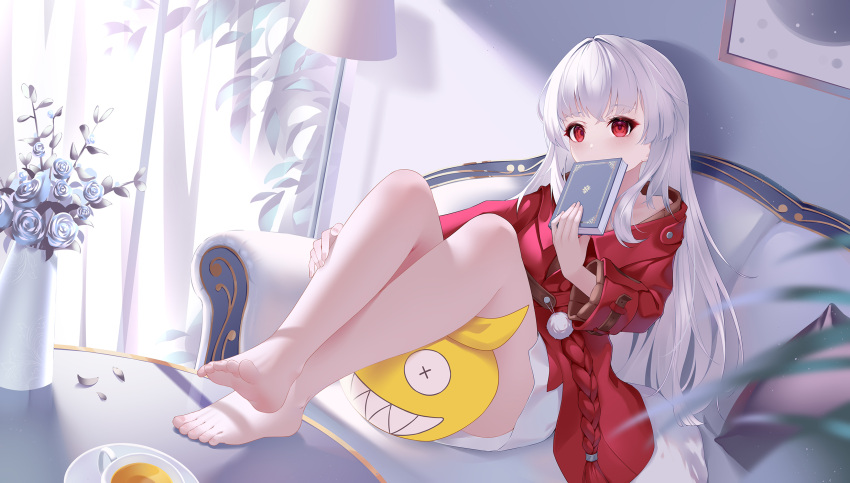 1girl bangs bare_legs barefoot bingchuan_xian_yu_huang book clara_(honkai:_star_rail) couch covering_mouth crossed_ankles feet feet_on_table flower full_body highres holding holding_book homu_(honkai_impact) honkai:_star_rail honkai_(series) knees_up lamp long_hair long_sleeves on_couch plant potted_plant red_eyes rose sitting solo very_long_hair white_hair