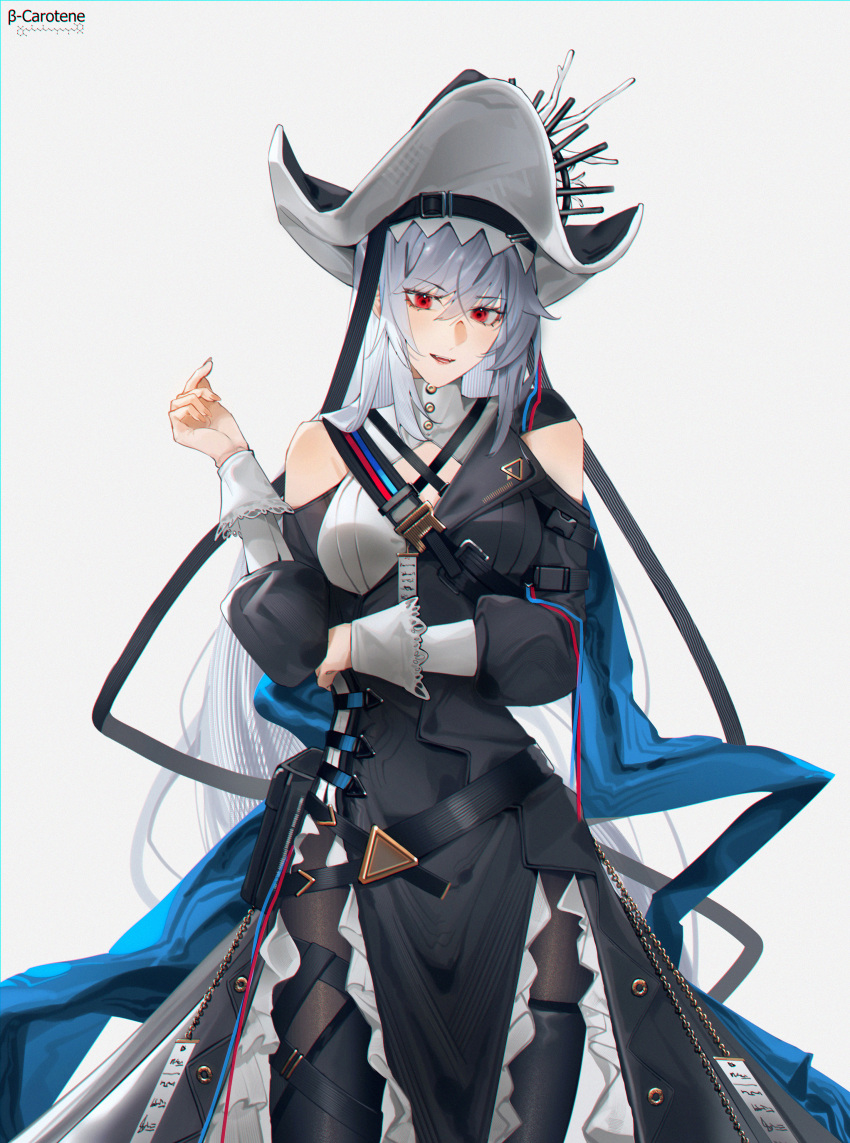 1girl :d absurdres arknights bangs bare_shoulders black_coat black_dress black_footwear black_pantyhose boots coat dress grey_hair highres long_hair long_sleeves looking_at_viewer lufi_ays open_mouth pantyhose pelvic_curtain red_eyes simple_background skadi_(arknights) smile solo thigh_boots white_background