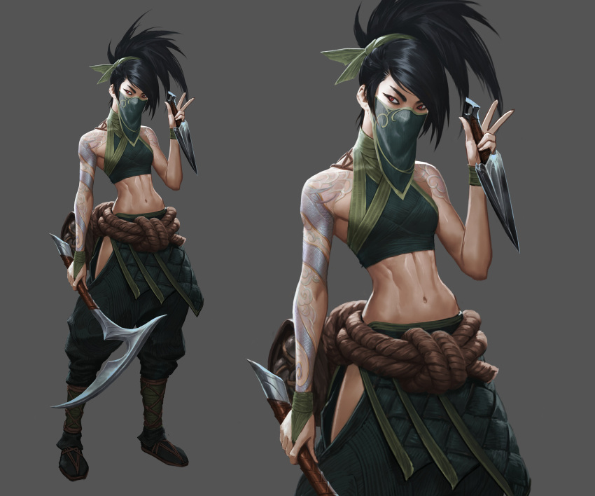 1girl absurdres akali arm_tattoo bare_shoulders black_hair crop_top dagger dual_wielding english_commentary full_body green_pants green_ribbon green_shirt grey_background hair_ribbon hand_up highres hip_vent holding holding_dagger holding_knife holding_scythe holding_weapon jason_chan kama_(weapon) knife kunai league_of_legends mask midriff mouth_mask multiple_views navel ninja ninja_mask official_art pants ponytail red_eyes ribbon rope_belt scythe shirt short_ponytail sickle simple_background sleeveless sleeveless_shirt stomach tattoo toned v-shaped_eyebrows w weapon