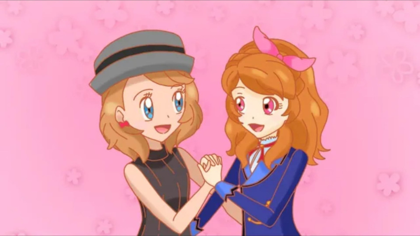 2girls aikatsu! aikatsu!_(series) blue_eyes bow braid crown_braid cut_hair earrings grey_headwear hair_bow hair_ribbon hat highres jewelry lala_christy multiple_girls oozora_akari pink_ribbon pokemon pokemon_(anime) pokemon_journeys pokemon_xy_(anime) ribbon school_uniform serena_(pokemon) side_ponytail sweater_vest