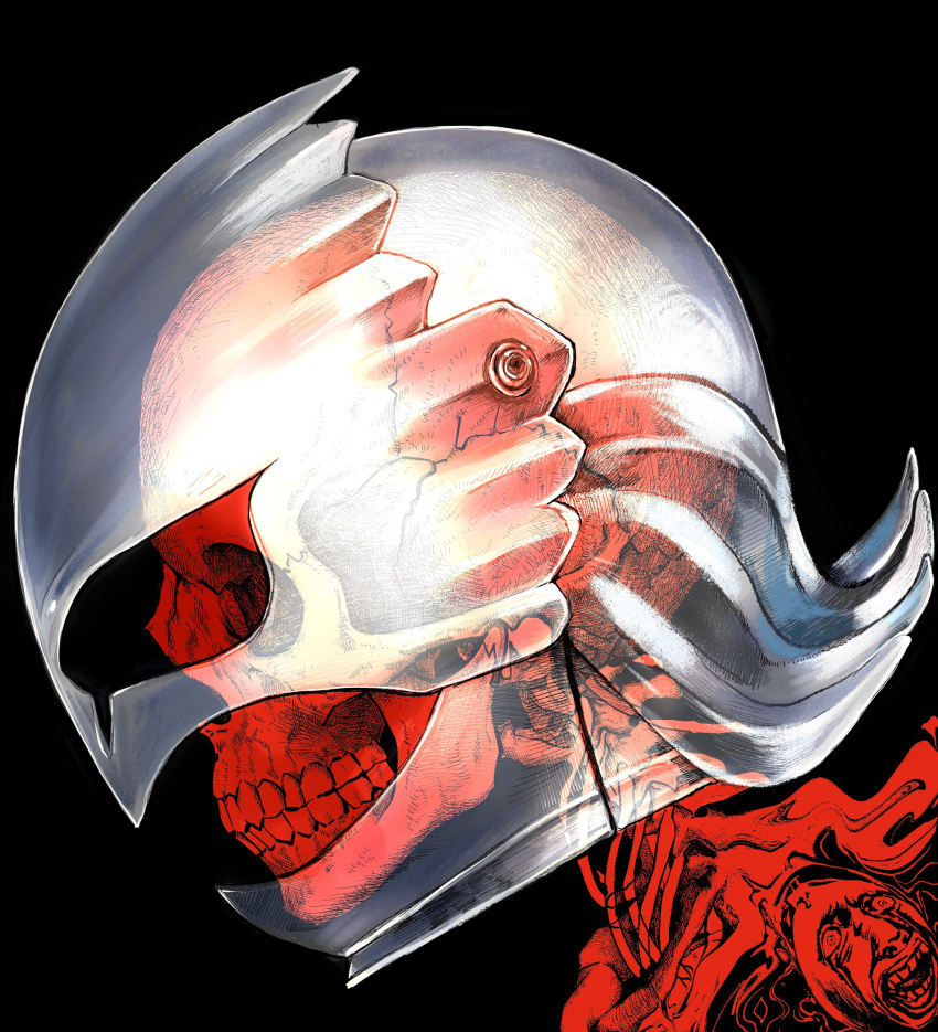 1boy behelit berserk black_background griffith_(berserk) helmet highres male_focus nisino2222 open_mouth parted_lips simple_background skeleton skull solo teeth