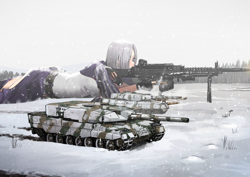 1girl absurdres aqua_eyes bangs black_gloves camouflage commentary commission dress feet_out_of_frame fingerless_gloves giant giantess girls'_frontline gloves grey_hair ground_vehicle gun h&amp;k_mg5 hair_over_one_eye hanabusaraleigh highres holding holding_gun holding_weapon looking_away lying machine_gun medium_hair mg5_(girls'_frontline) military military_vehicle motor_vehicle on_stomach pixiv_request shell_casing snow snowflakes snowing solo tank weapon white_dress winter