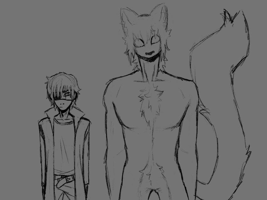anthro chest_tuft clothed clothing dreamscreep duo eye_patch eyewear fan_character felid feline feral fluffy fluffy_tail fully_clothed grey_background hair hi_res human male mammal mika_(dreamscreep) muscular muscular_anthro muscular_male prick_ears pubes simple_background sketch spiky_hair tuft