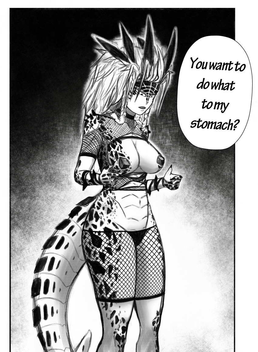 absurd_res androidz big_breasts breasts clothed clothing female fishnet fishnet_clothing fishnet_legwear hair hi_res horn humanoid legwear monster one-punch_man one_(manga) open_mouth raptera scales simple_background solo spikes spikes_(anatomy) teeth text thick_thighs topwear wide_hips