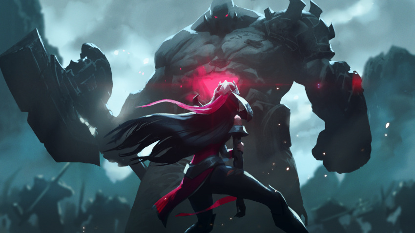 1boy 1girl absurdres armor army axe battle black_hair duel english_commentary facing_away floating_hair glowing glowing_eyes grey_sky height_difference highres holding holding_axe holding_own_arm injury irelia jason_chan league_of_legends long_hair looking_at_another looking_down looking_up monster official_art red_eyes shoulder_armor sion torn_clothes war
