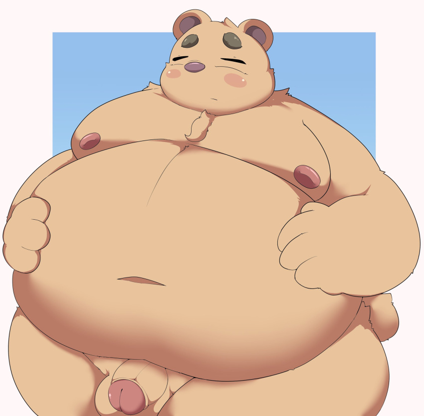 2022 anthro balls belly big_belly blush brown_body genitals hi_res humanoid_genitalia humanoid_hands humanoid_penis inigo_(kusosensei) kemono kusosensei male mammal moobs navel nipples obese obese_male overweight overweight_male penis solo ursid