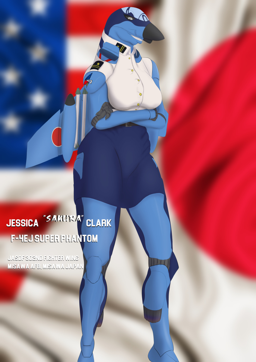 absurd_res aircraft airplane black_sclera blouse bottomwear clothing dark_blue f-4_phantom female grey_eyes hi_res japanese_flag jettail living_aircraft living_machine living_vehicle machine metal missile rank skirt solo stars_and_stripes topwear uniform united_states_of_america vehicle