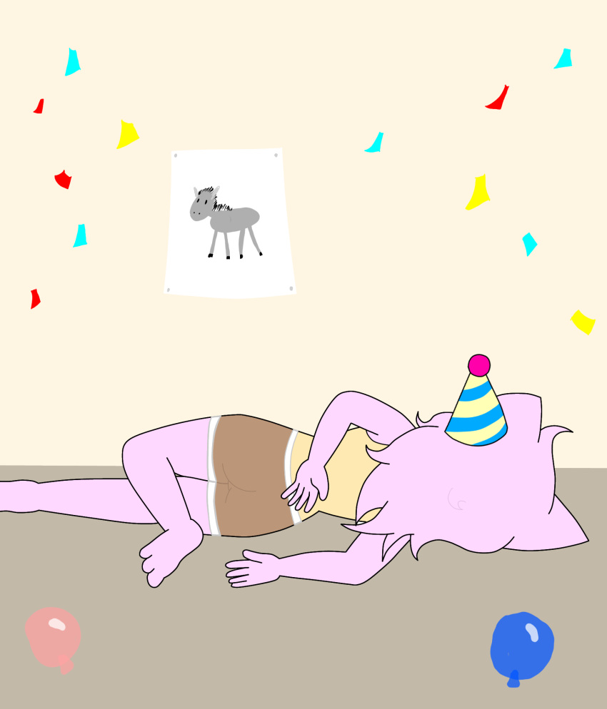 anthro arm_on_back balloon birthday birthday_hat bottomwear brown_bottomwear brown_clothing brown_shorts butt clothing confetti domestic_cat family_guy_death_pose feet felid feline felis female fur hi_res inflatable lying mammal marianne_(mew_arts) mew_arts party_game pink_body pink_fur shirt shorts simple_background solo topwear yellow_clothing yellow_shirt yellow_topwear
