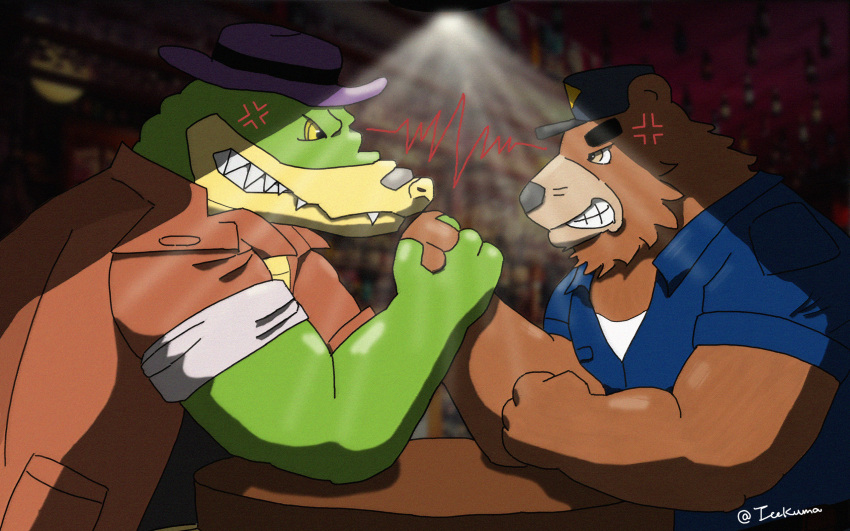 2022 alligator alligatorid angry anthro arm_wrestling biped black_nose brok_(character) brok_the_investigator brown_body clothing crocodilian duo green_body hat headgear headwear hi_res icekuma male mammal r.j._(brok_the_investigator) reptile scalie shirt topwear ursid