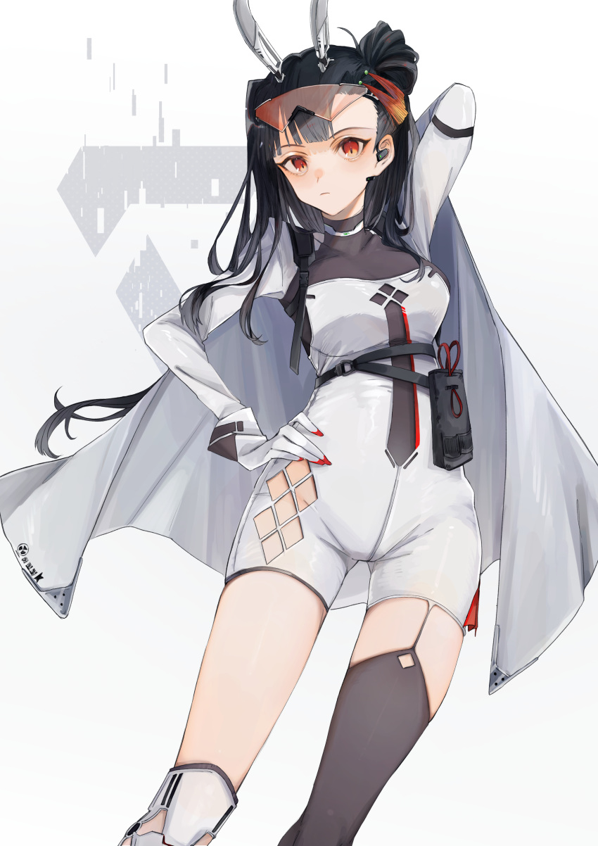 1girl aaoshigatoutoi absurdres arm_behind_head bangs black_hair blush bodystocking breasts cape closed_mouth dress earpiece eyewear_on_head feet_out_of_frame girls'_frontline gloves hair_bun hand_on_hip highres long_hair looking_at_viewer mechanical_ears medium_breasts nail_polish orange_eyes qbz-191_(girls'_frontline) red_nails safety_glasses simple_background solo standing white_background white_cape white_dress white_gloves