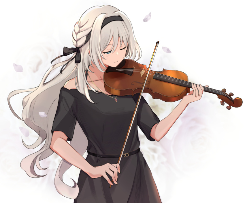 1girl an-94_(girls'_frontline) an-94_(silent_rouge)_(girls'_frontline) aqua_eyes bangs black_dress black_hairband black_ribbon blonde_hair braid breasts closed_mouth collarbone dress girls'_frontline hairband highres holding holding_instrument instrument instrument_request jewelry light_blush long_hair looking_away necklace official_alternate_costume one_eye_closed petals ribbon small_breasts smile solo upper_body white_background yotsuyama_(yomo8ama)