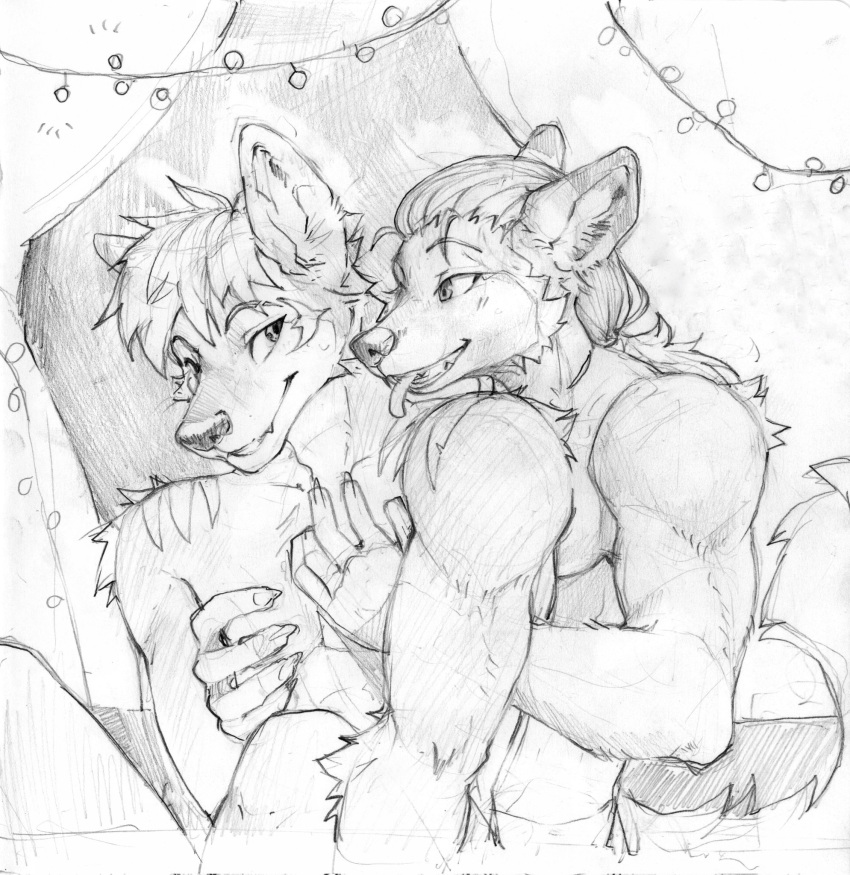akatan_art anthro arm_tuft canid canine cheek_tuft clothed clothing duo embrace facial_tuft fairy_lights fangs fox fur hair hi_res hug hugging_from_behind long_hair male male/male mammal messy_hair monochrome nude open_mouth ponytail short_hair shoulder_tuft sketch striped_body striped_fur striped_shoulders stripes tongue tongue_out topless tuft unsigned