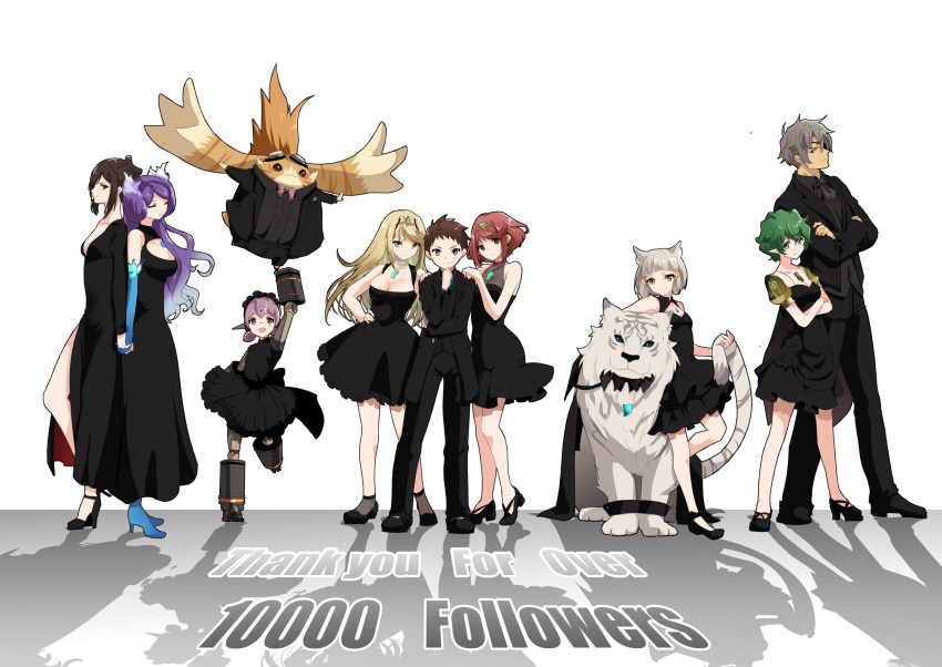 4boys 6+girls black_dress black_hair black_suit blonde_hair blue_hair breasts brown_hair chest_jewel cleavage dress dromarch_(xenoblade) fiery_hair formal green_hair grey_hair highres holding_hands humanoid_robot milestone_celebration morag_ladair_(xenoblade) multiple_boys multiple_girls mythra_(xenoblade) nayuta-kanata nia_(xenoblade) nopon pandoria_(xenoblade) pointy_ears poppi_(xenoblade) poppi_alpha_(xenoblade) pyra_(xenoblade) red_hair rex_(xenoblade) robot shadow suit tiara tora_(xenoblade_2) xenoblade_chronicles_(series) xenoblade_chronicles_2 zeke_von_genbu_(xenoblade)