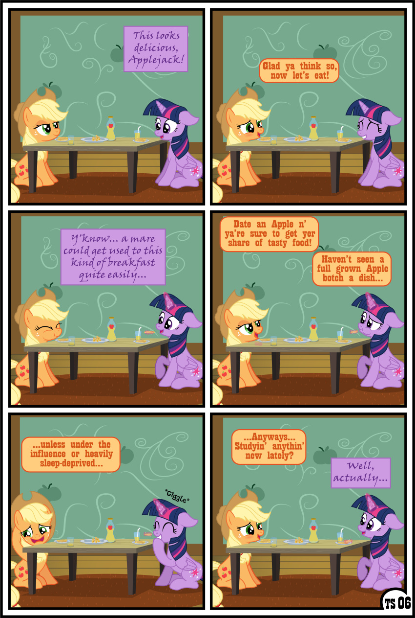 absurd_res applejack_(mlp) blonde_hair clothing comic cowboy_hat dialogue duo english_text equid equine feathers female feral food freckles friendship_is_magic furniture gutovi-kun hair hasbro hat headgear headwear hi_res horn mammal my_little_pony orange_body purple_body purple_feathers table text twilight_sparkle_(mlp) winged_unicorn wings