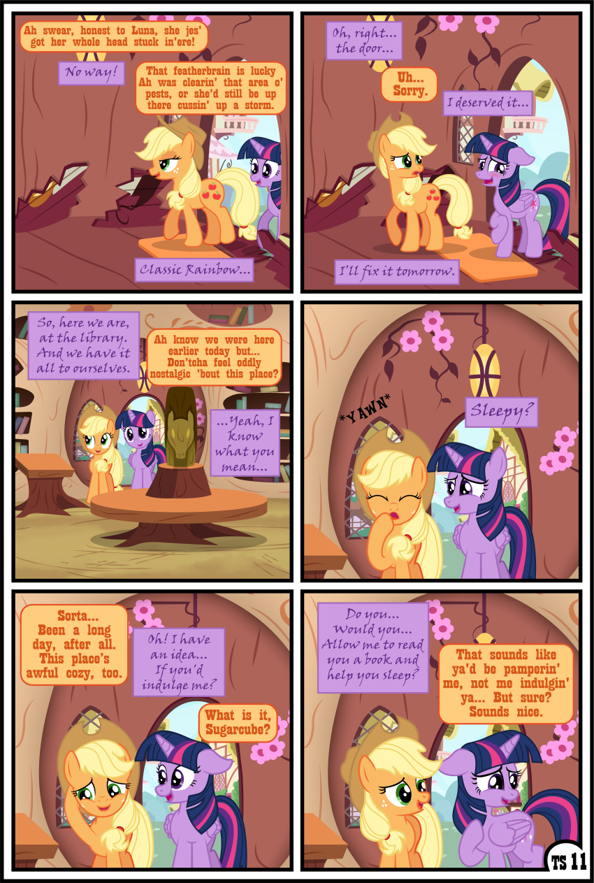 absurd_res applejack_(mlp) blonde_hair clothing comic cowboy_hat duo english_text equid equine feathers female feral friendship_is_magic gutovi-kun hair hasbro hat headgear headwear hi_res horn mammal my_little_pony orange_body princess_twilight_sparkle_(mlp) purple_body purple_feathers text twilight_sparkle_(mlp) winged_unicorn wings