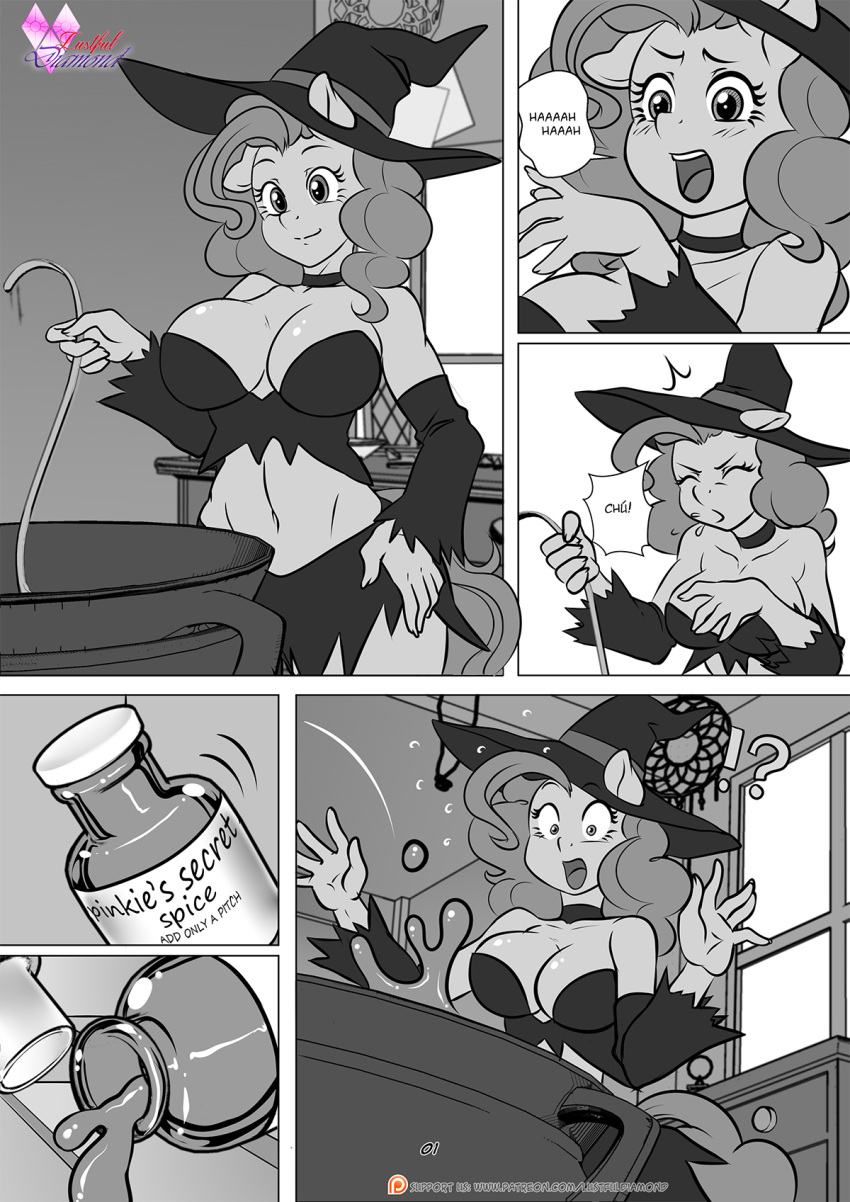 anthro anthrofied big_breasts bottomwear breasts cauldron cleavage clothed clothing equid equine female friendship_is_magic hasbro hat headgear headwear hi_res mammal miniskirt monochrome my_little_pony pia-sama pinkie_pie_(mlp) skirt sneeze solo witch_hat