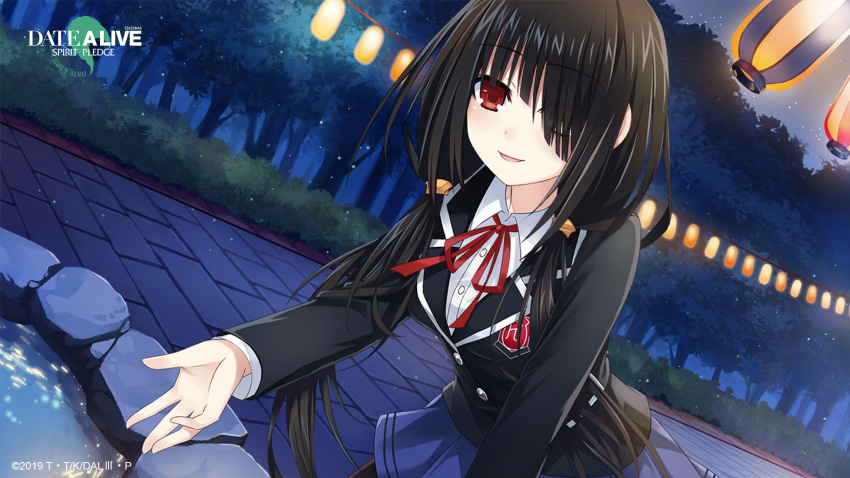 1girl black_hair blue_skirt date_a_live date_a_live:_spirit_pledge hair_over_one_eye heterochromia highres long_hair long_sleeves night outdoors red_eyes school_uniform skirt smile solo tokisaki_kurumi water watermark yellow_eyes