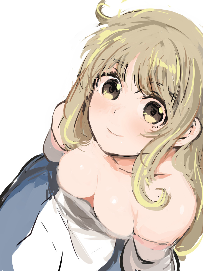 1girl absurdres arc_the_lad arc_the_lad_ii bare_shoulders blonde_hair breasts brown_eyes cleavage closed_mouth collarbone dress highres hosshi_(nariagari) lieza_(arc_the_lad) long_hair looking_at_viewer simple_background sketch smile solo white_background