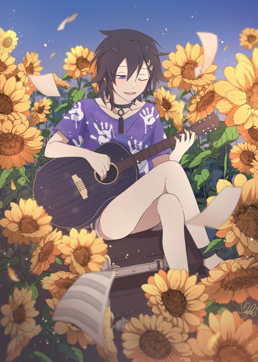 1boy ;d acoustic_guitar black_collar black_footwear black_hair box collar crossed_legs denim denim_shorts feet_out_of_frame flower flying_paper guitar hair_between_eyes hair_ornament hairclip hand_print highres holostars instrument kanade_izuru light_particles lightning_bolt_hair_ornament lightning_bolt_symbol looking_down male_focus music nekoromancer one_eye_closed paper playing_instrument purple_eyes purple_shirt sheet_music shirt short_hair short_shorts shorts signature sitting sitting_on_box smile solo spiked_collar spikes sunflower virtual_youtuber yellow_flower