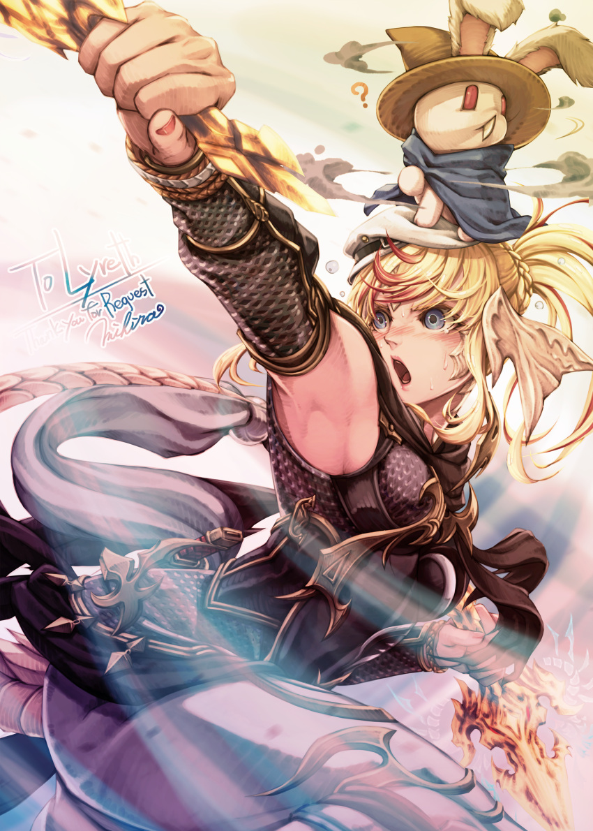 1girl ? absurdres animal animal_on_head arm_up armor armpits au_ra avatar_(ff14) blonde_hair blue_eyes blush breastplate chainmail cloak combat_knife commission detached_sleeves dual_wielding embarrassed final_fantasy final_fantasy_xiv fingernails hand_up hat highres holding holding_knife holding_weapon horns knife long_hair looking_to_the_side mihira_(tainosugatayaki) multicolored_hair nail_polish ninja_(final_fantasy) nose_blush on_head open_mouth outstretched_arm pants rabbit red_hair red_nails scales skeb_commission tail tearing_up two-tone_hair v-shaped_eyebrows weapon