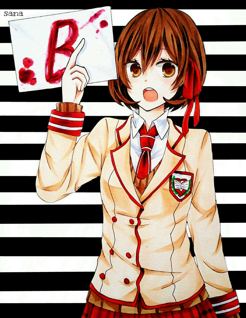 1girl b-ko_(shuuen_no_shiori) bangs blazer blood blood_stain blood_writing brown_eyes brown_hair buttons cardigan character_name double-breasted dress_shirt emblem hair_between_eyes hair_ribbon highres holding holding_paper index_finger_raised jacket long_sleeves marker_(medium) monochrome_background necktie open_mouth paper plaid plaid_skirt red_necktie red_ribbon red_skirt ribbon sana_(pixiv9845436) school_emblem school_uniform shirt short_hair shouting shuuen_no_shiori_project skirt sleeve_cuffs striped striped_background sweater traditional_media upper_body white_shirt wing_collar