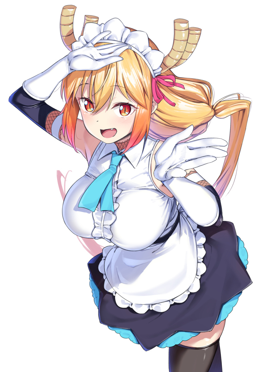 1girl blonde_hair breasts dragon_girl dragon_horns fang gloves hair_between_eyes highres horns kobayashi-san_chi_no_maidragon large_breasts long_hair looking_at_viewer maid maid_headress mikemono_yuu open_mouth orange_eyes simple_background slit_pupils tohru_(maidragon) white_background white_gloves