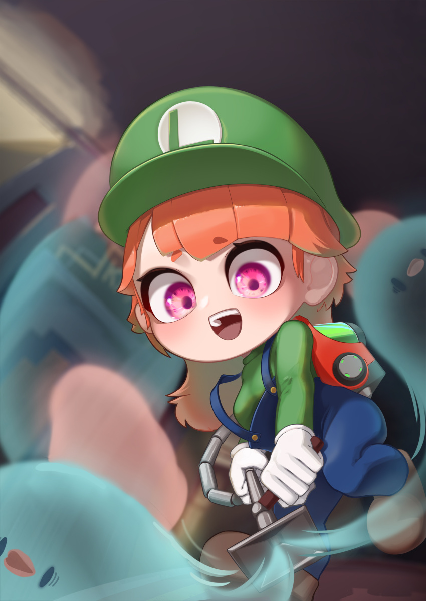 1girl :d absurdres appleblossomtea blue_overalls breasts brown_footwear cosplay ghost gloves green_headwear hat highres hitodama holding hololive hololive_english long_hair luigi luigi's_mansion luigi_(cosplay) mario_(series) open_mouth orange_hair overalls pink_eyes poltergust_3000 shoes smile strap_slip suspenders takanashi_kiara teeth upper_teeth vacuum_cleaner virtual_youtuber white_gloves