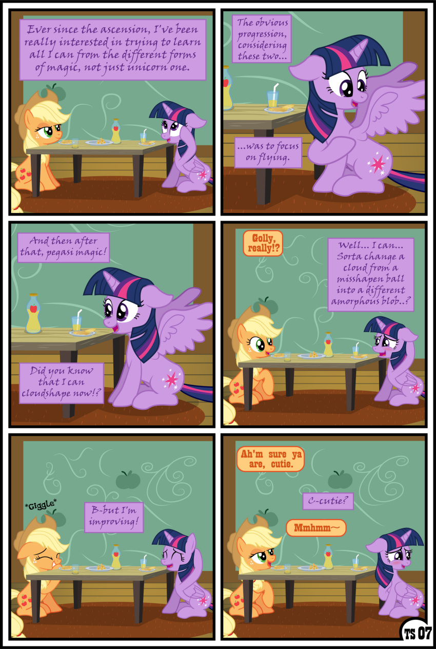 applejack_(mlp) blonde_hair blush clothing comic cowboy_hat dialogue duo english_text equid equine feathers female feral freckles friendship_is_magic gutovi-kun hair hasbro hat headgear headwear hi_res horn mammal my_little_pony orange_body purple_body purple_feathers smile text twilight_sparkle_(mlp) winged_unicorn wings