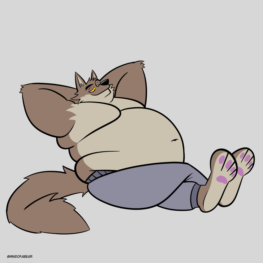 absurd_res anthro belly big_belly canid canine canis clothing dreamworks fattytober feet hi_res male mammal mindof moobs mr._wolf_(the_bad_guys) overweight overweight_male paws sweatpants the_bad_guys thick_arms tight_clothing weight_gain wolf