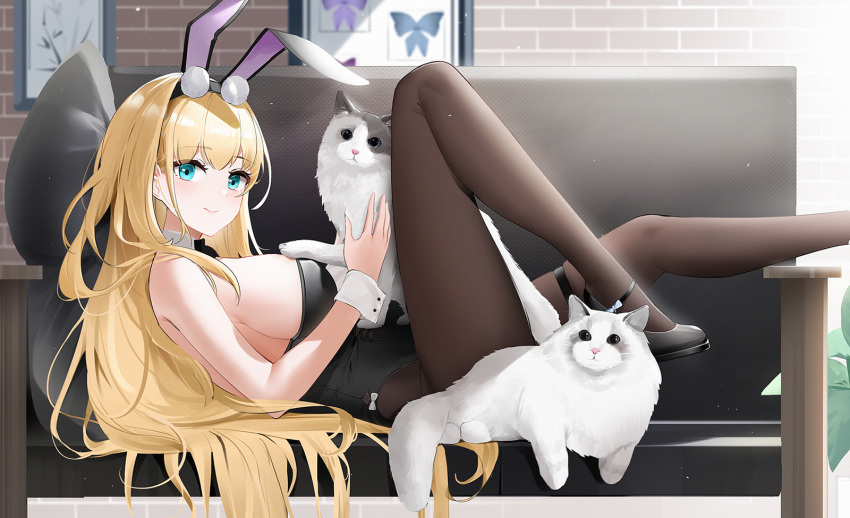 1girl animal animal_ears azur_lane black_bow black_bowtie black_leotard blonde_hair blue_eyes bow bowtie breasts cat couch cuff_links fake_animal_ears high_heels highres holding holding_animal knee_up large_breasts leotard looking_at_viewer lying north_carolina_(azur_lane) north_carolina_(the_heart's_desire)_(azur_lane) official_alternate_costume on_back on_couch pantyhose playboy_bunny qing_wu rabbit_ears strapless strapless_leotard wrist_cuffs