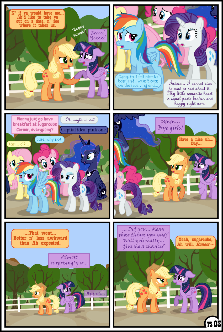 2022 absurd_res applejack_(mlp) blonde_hair blush clothing colored comic cowboy_hat dialogue english_text equid equine feathers female female/female feral fluttershy_(mlp) freckles friendship_is_magic group gutovi-kun hair hasbro hat headgear headwear hi_res horn mammal my_little_pony outside pinkie_pie_(mlp) plant princess_luna_(mlp) purple_body purple_feathers rainbow_dash_(mlp) rarity_(mlp) text tree twilight_sparkle_(mlp) winged_unicorn wings