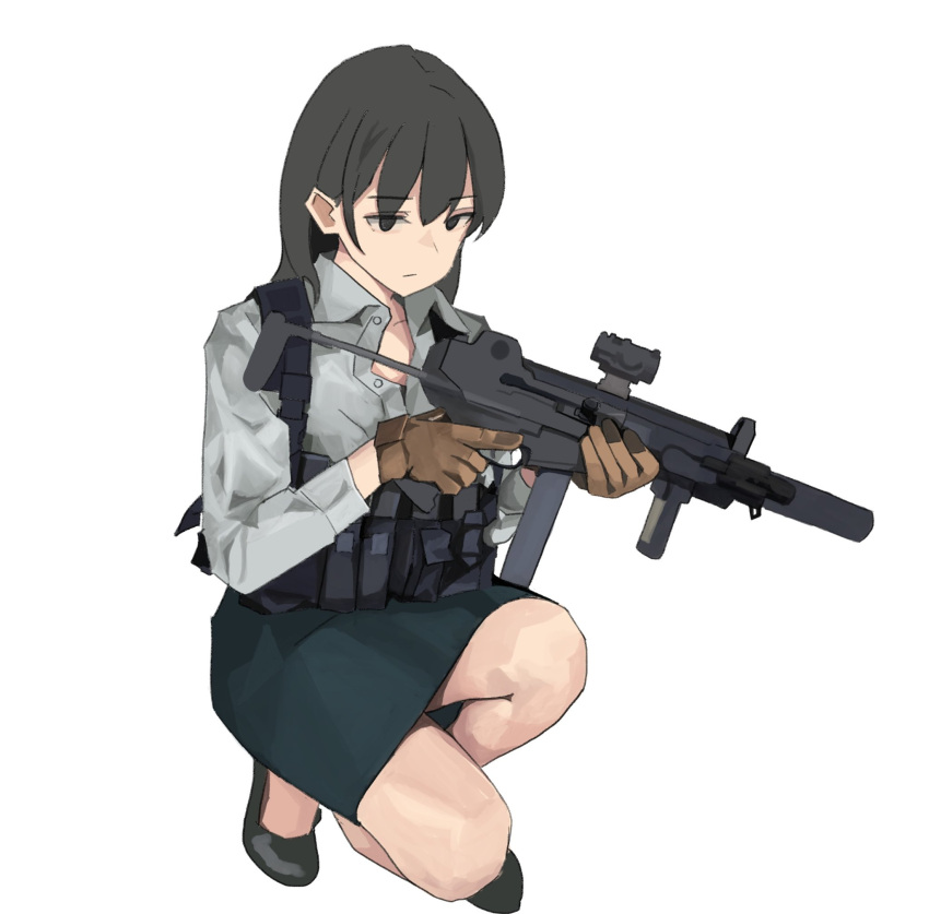 1girl bangs black_eyes black_footwear black_hair blue_skirt collared_shirt commentary_request dress_shirt full_body grey_shirt gun hair_between_eyes highres holding holding_gun holding_weapon long_hair original shirt shoes simple_background skirt solo squatting very_long_hair wani_(perfect_han) weapon weapon_request white_background