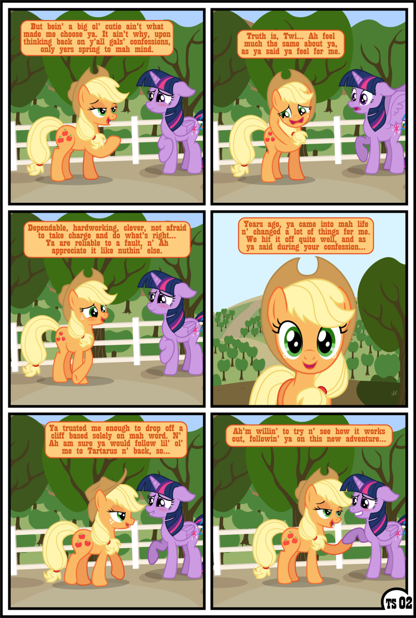 2022 applejack_(mlp) blonde_hair blush clothing colored comic cowboy_hat dialogue duo english_text equid equine feathers female female/female feral friendship_is_magic gutovi-kun hair hasbro hat headgear headwear hi_res horn mammal my_little_pony outside plant purple_body purple_feathers text tree twilight_sparkle_(mlp) winged_unicorn wings