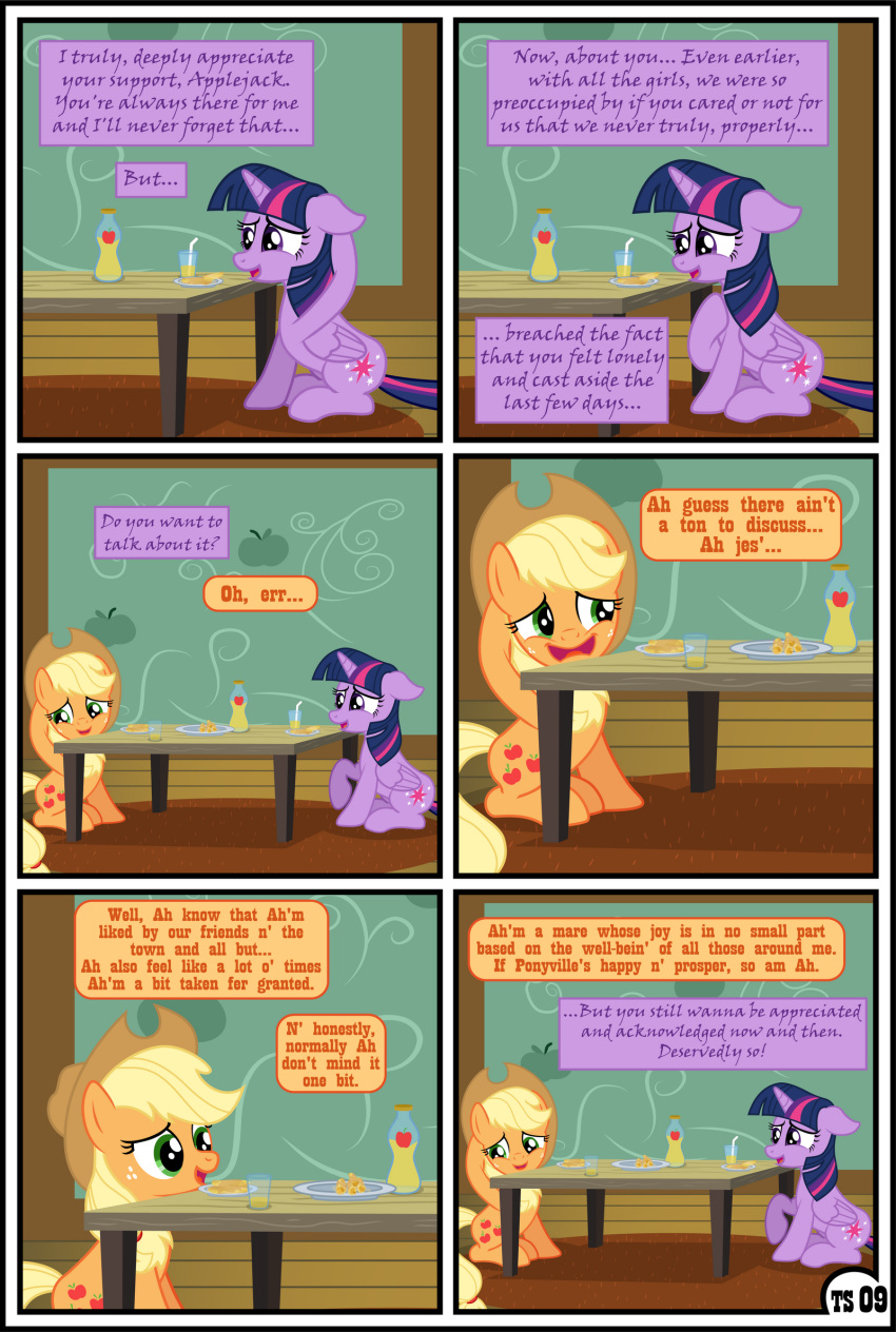 applejack_(mlp) blonde_hair clothing comic cowboy_hat dialogue duo english_text equid equine feathers female feral freckles friendship_is_magic gutovi-kun hair hasbro hat headgear headwear hi_res horn mammal my_little_pony orange_body purple_body purple_feathers text twilight_sparkle_(mlp) winged_unicorn wings