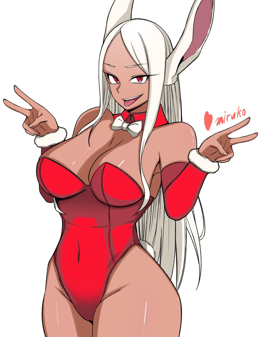 1girl :p animal_ears bangs bare_shoulders boku_no_hero_academia bow bowtie breasts character_name covered_navel cowboy_shot dark-skinned_female dark_skin detached_collar detached_sleeves double_v fur-trimmed_sleeves fur_trim heart highleg highleg_leotard highres large_breasts leotard long_eyelashes long_hair looking_at_viewer mirko parted_bangs rabbit_ears rabbit_girl rabbit_tail red_eyes red_leotard smile solo tail takasuke_0120 thighs toned tongue tongue_out v very_long_hair white_background white_bow white_bowtie white_hair