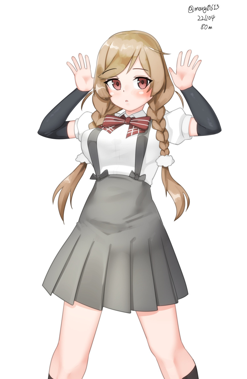 1girl absurdres arm_warmers arms_up black_socks bow bowtie braid cloud_hair_ornament collared_shirt dated dress_shirt feet_out_of_frame gradient_hair highres kantai_collection kneehighs light_brown_hair long_hair looking_at_viewer maru_(marg0613) minegumo_(kancolle) multicolored_hair one-hour_drawing_challenge plaid plaid_bow plaid_bowtie pleated_skirt red_bow red_bowtie red_eyes shirt simple_background skirt socks solo suspender_skirt suspenders twin_braids twitter_username white_background white_shirt