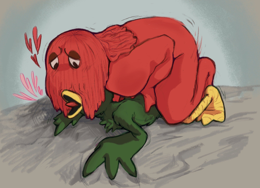 ambiguous_penetration anthro avian beak bird bird_feet chest_tuft covered_eyes don't_hug_me_i'm_scared duck_guy_(dhmis) duo feather_hands feathers green_body green_feathers hair hi_res humanoid long_hair male male/male open_mouth penetration red_body red_guy_(dhmis) red_hair red_skin sex_wormhole tuft unknown_species yellow_beak