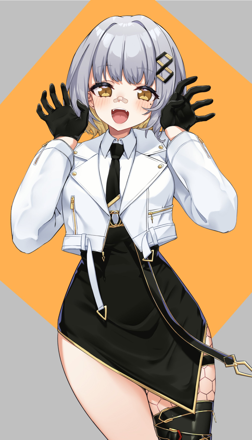 1girl :d absurdres bandaid bandaid_on_face bandaid_on_nose black_gloves black_necktie black_skirt brown_background brown_eyes brown_hair collared_shirt commentary fangs fishnet_pantyhose fishnets gloves grey_background grey_hair hachi_(live_union) hair_ornament hands_up highres ivan_wang jacket live_union long_sleeves looking_at_viewer multicolored_hair necktie open_clothes open_jacket pantyhose shirt single_leg_pantyhose skirt smile solo two-tone_background two-tone_hair virtual_youtuber white_jacket white_shirt