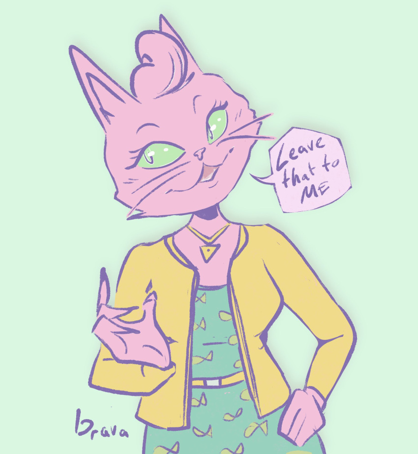 anthro bbravaa bojack_horseman clothing dress felid feline female fur hair hand_on_hip hi_res jewelry mammal netflix pink_body pink_fur pink_hair princess_carolyn solo speech_bubble