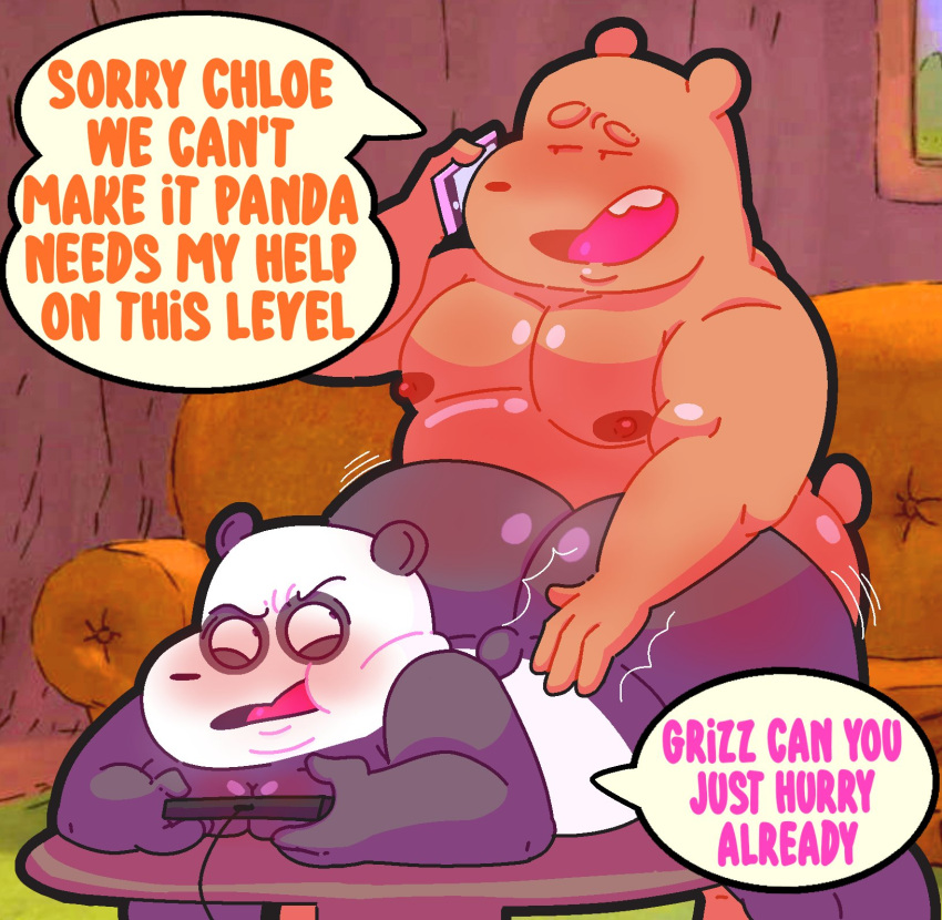 2022 anthro anukkyt belly big_butt blush butt cartoon_network controller duo english_text game_controller gaming giant_panda grizzly_(wbb) hi_res inside male mammal moobs nipples overweight overweight_male panda_(wbb) playing_videogame sex text ursid we_bare_bears