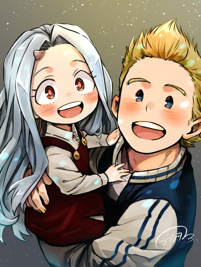 1boy 1girl :d artist_name blonde_hair blue_eyes blue_hair blue_stripes blush blush_stickers boku_no_hero_academia carrying carrying_person child_carry collared_shirt cowlick double_vertical_stripe dress dress_shirt ear_blush eri_(boku_no_hero_academia) female_child forehead gradient gradient_background hand_on_another's_back hands_on_another's_chest happy highres horns hug jacket light_blue_hair long_hair looking_at_viewer mullet no_sclera open_mouth pinafore_dress rechain red_dress red_eyes shirt sidelocks signature single_horn sitting_on_arm smile teeth togata_mirio upper_body upper_teeth white_shirt