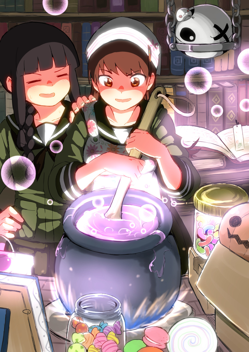 2girls apron bangs black_hair black_neckerchief blunt_bangs braid brown_eyes brown_hair candy closed_eyes cooking cooking_pot floral_print food green_serafuku hair_over_shoulder hair_ribbon halloween hand_on_another's_shoulder highres kantai_collection kitakami_(kancolle) kitakami_kai_(kancolle) long_hair mochisaka_mitsuki multiple_girls neckerchief ooi_(kancolle) ooi_kai_(kancolle) print_apron ribbon school_uniform serafuku sidelocks single_braid textless_version tress_ribbon