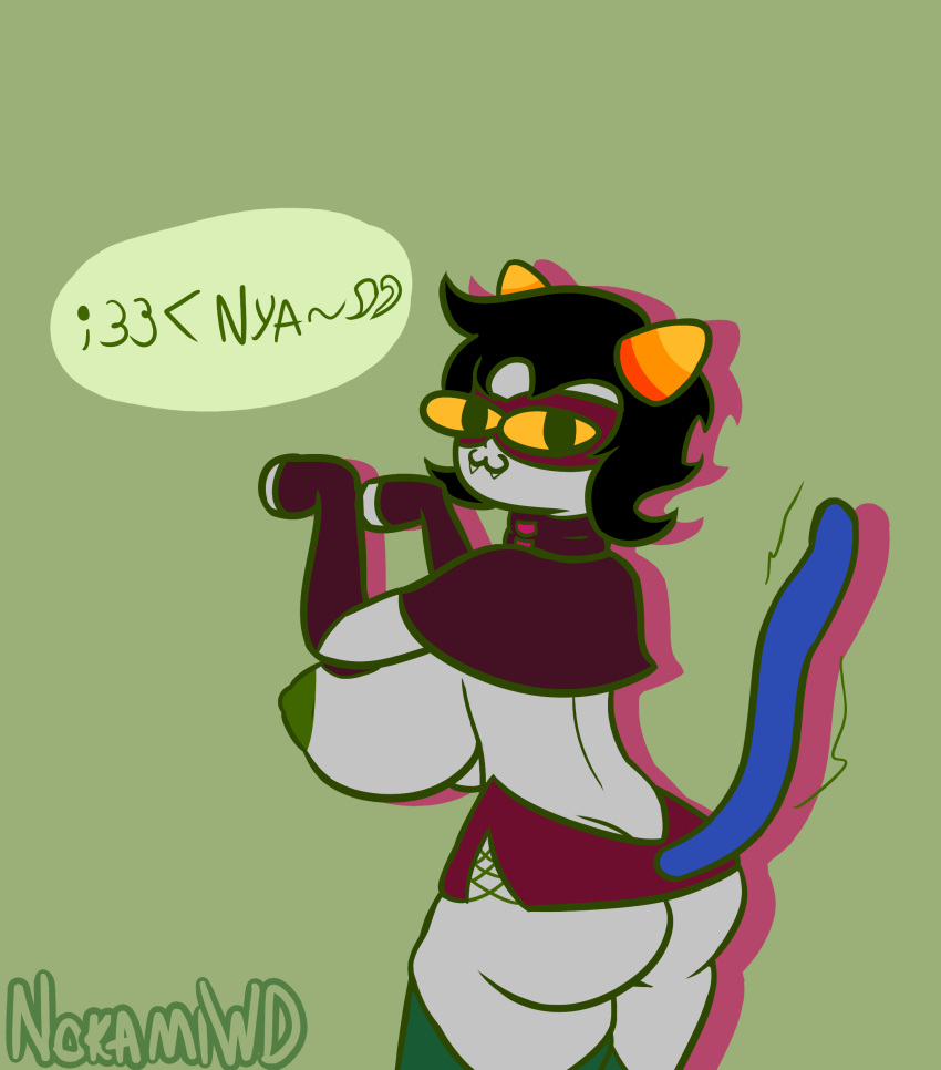 absolute_territory absurd_res alien areola big_breasts big_butt boots bottomwear breasts butt claw_(weapon) clothed clothing fake_tail female footwear gloves handwear hi_res homestuck horn huge_breasts huge_butt ineffective_clothing melee_weapon miniskirt ms_paint_adventures nepeta_leijon nokamiwd not_furry partially_clothed puffy_areola rear_view simple_background skimpy skirt smile solo text thick_thighs troll_(homestuck) weapon webcomic wide_hips