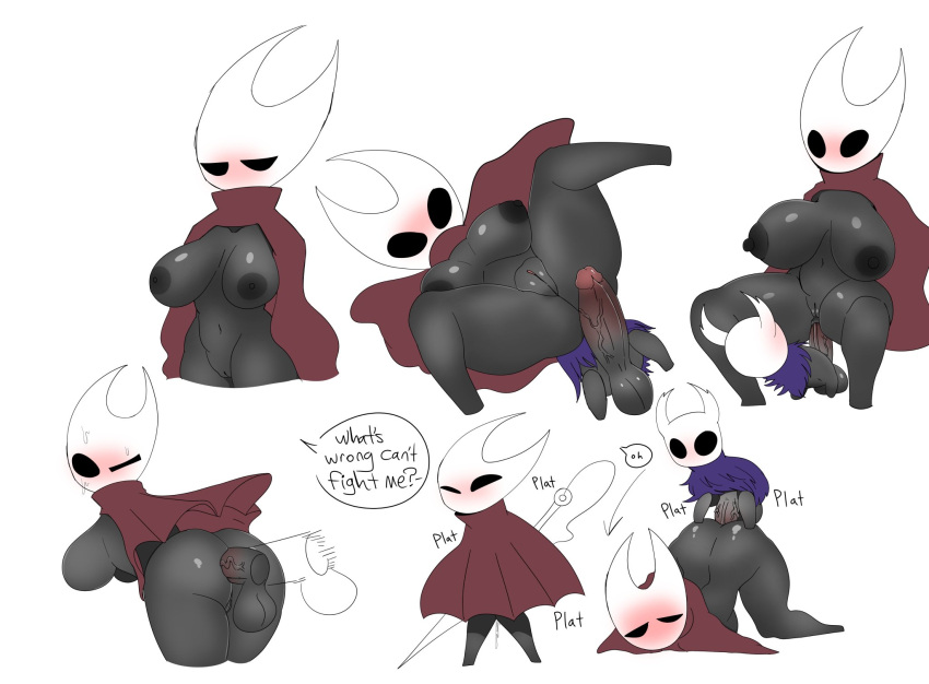 anal anal_penetration anthro arthropod belly bent_over big_breasts black_body black_nipples bodily_fluids breasts butt cloak clothing dialogue disembodied_penis duo female from_behind_position genital_fluids genitals hi_res hollow_eyes hollow_knight hornet_(hollow_knight) insect male male/female navel neiliousdyson nipples penetration penis protagonist_(hollow_knight) pussy pussy_juice sex sweat sweatdrop team_cherry vein veiny_penis vessel_(species) video_games weapon