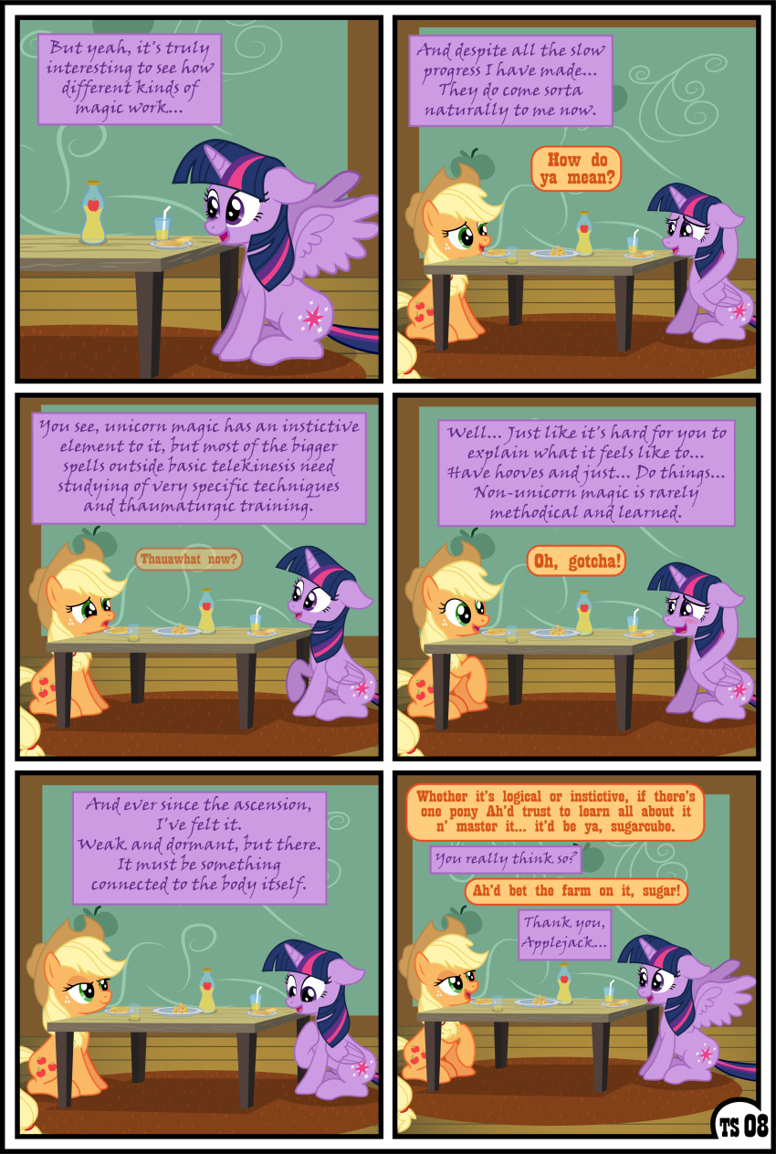 absurd_res applejack_(mlp) blonde_hair clothing comic cowboy_hat dialogue duo english_text equid equine feathers female feral freckles friendship_is_magic gutovi-kun hair hasbro hat headgear headwear hi_res horn mammal my_little_pony orange_body purple_body purple_feathers text twilight_sparkle_(mlp) winged_unicorn wings