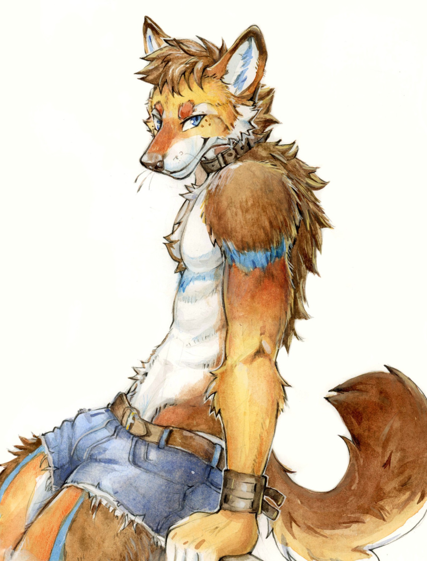 akatan_art anthro back_tuft blue_body blue_bottomwear blue_clothing blue_eyes blue_fur blue_pants bottomwear brown_body brown_fur brown_hair canid canine cheek_tuft chest_tuft closed_smile clothed clothing facial_tuft fox fur glistening glistening_eyes hair hi_res hotpants looking_at_viewer male mammal mouth_closed multicolored_body multicolored_fur orange_body orange_fur pants portrait short_hair shorts side_view simple_background solo three-quarter_portrait topless tuft unsigned white_background white_body white_fur