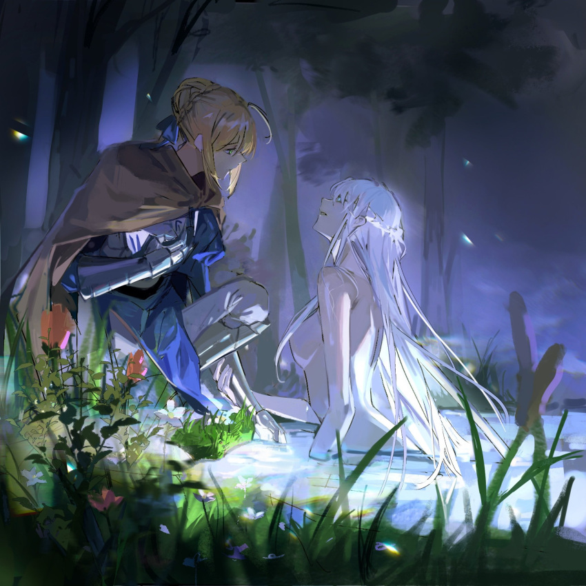 2girls ahoge armor armored_dress artoria_pendragon_(fate) blonde_hair blue_eyes braid cloak completely_nude fate/grand_order fate/stay_night fate_(series) french_braid gauntlets green_eyes hair_bun hair_censor highres holding_another's_wrist hood hooded_cloak lady_of_the_lake long_hair morgan_le_fay_(fate) moxiayuji multiple_girls nude partially_submerged saber single_hair_bun white_hair