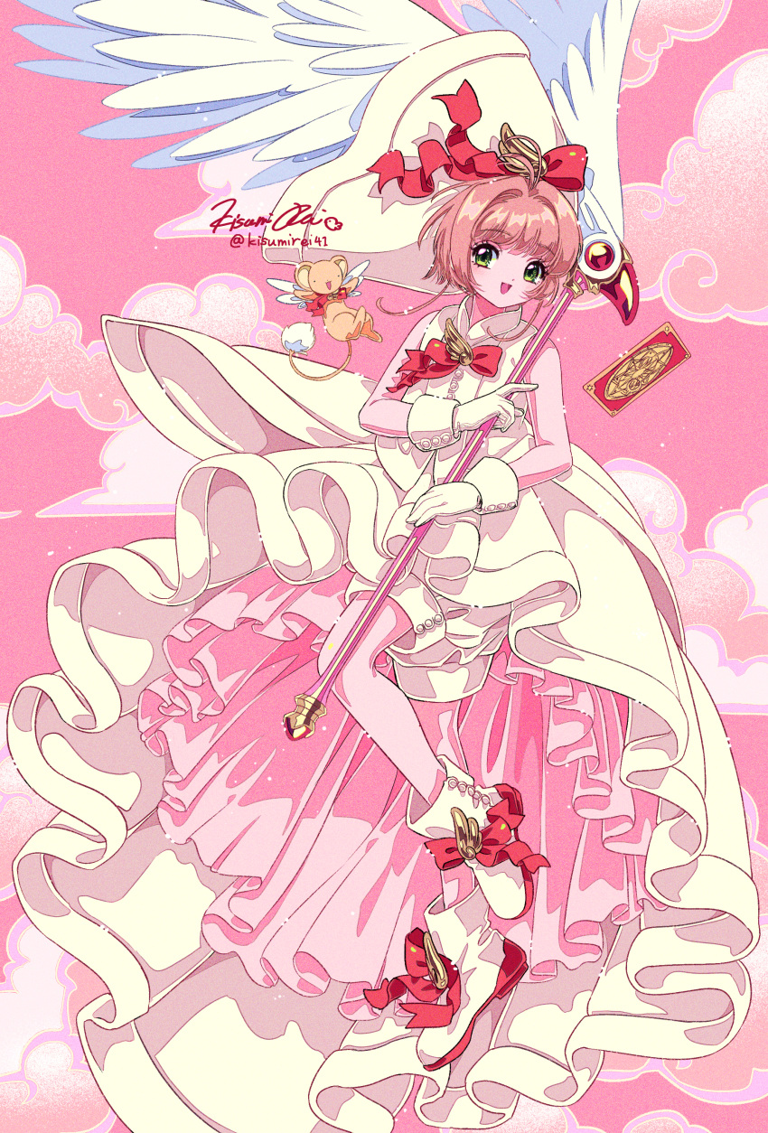 1girl absurdres bow card cardcaptor_sakura cloud cloudy_sky clow_card full_body gloves green_eyes highres kero kinomoto_sakura kisumi_rei magical_girl open_mouth pink_sky red_bow sky twitter_username white_footwear white_gloves wings